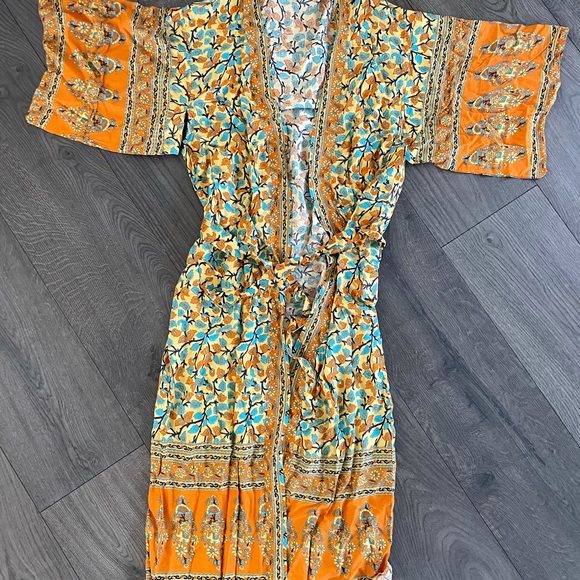 Boho Mustard floral Print Kimono Belted Cover up Duster - Picture 13 of 16